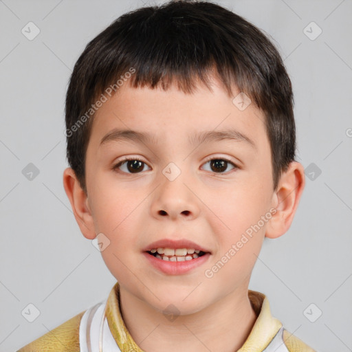 Joyful white child male with short  brown hair and brown eyes