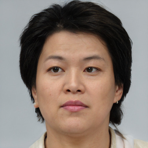 Neutral asian adult female with medium  brown hair and brown eyes