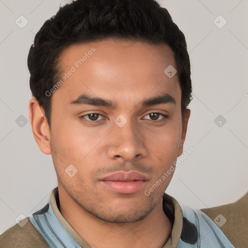 Neutral white young-adult male with short  black hair and brown eyes