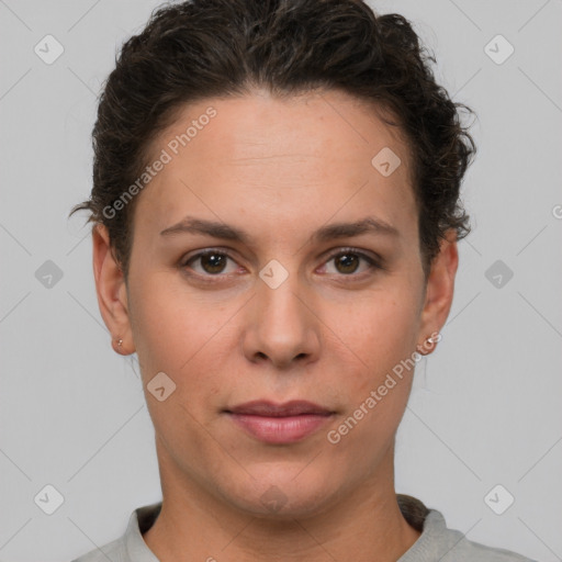 Neutral white young-adult female with short  brown hair and brown eyes