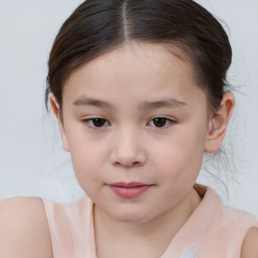 Joyful white child female with medium  brown hair and brown eyes