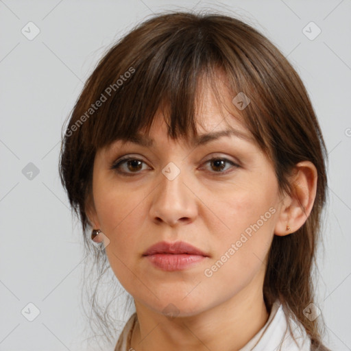 Neutral white adult female with medium  brown hair and brown eyes