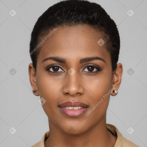 Joyful black young-adult female with short  black hair and brown eyes