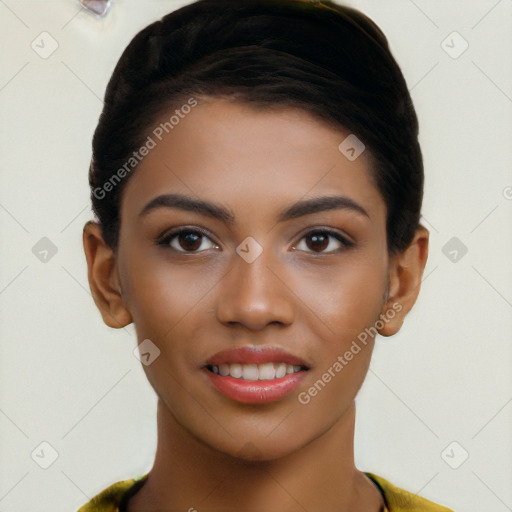 Joyful latino young-adult female with short  brown hair and brown eyes