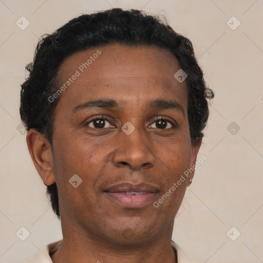 Neutral black adult male with short  brown hair and brown eyes