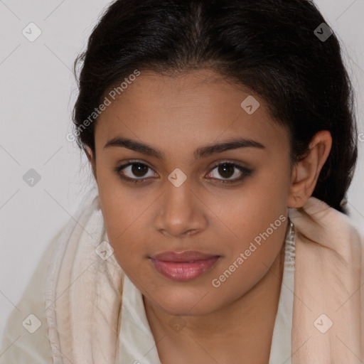 Joyful latino young-adult female with long  brown hair and brown eyes