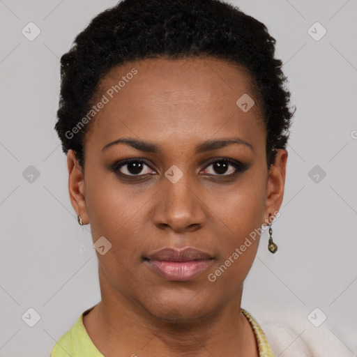 Neutral black young-adult female with short  black hair and brown eyes