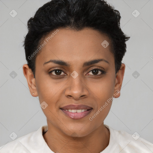 Joyful latino young-adult female with short  brown hair and brown eyes