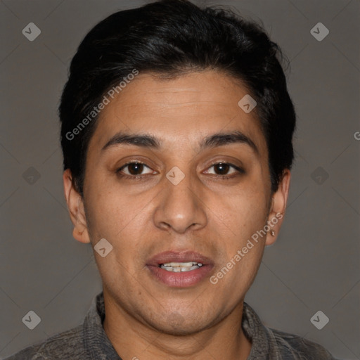 Joyful latino young-adult male with short  black hair and brown eyes