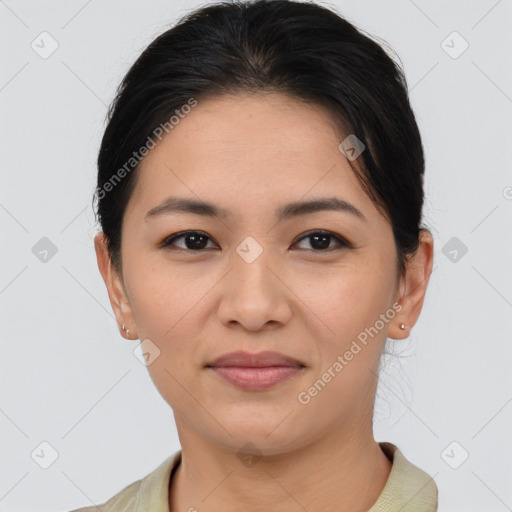 Joyful asian young-adult female with short  brown hair and brown eyes