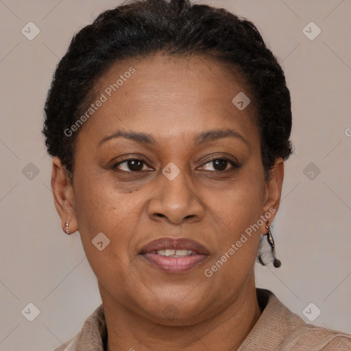 Joyful black adult female with short  brown hair and brown eyes