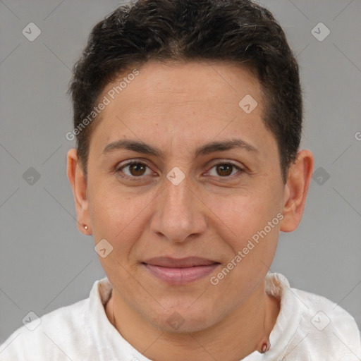 Joyful white adult female with short  brown hair and brown eyes