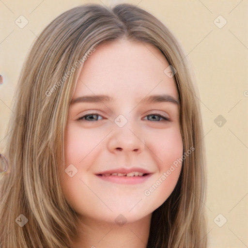 Joyful white child female with long  brown hair and brown eyes