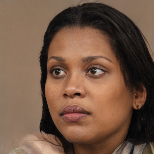 Neutral black young-adult female with medium  black hair and brown eyes
