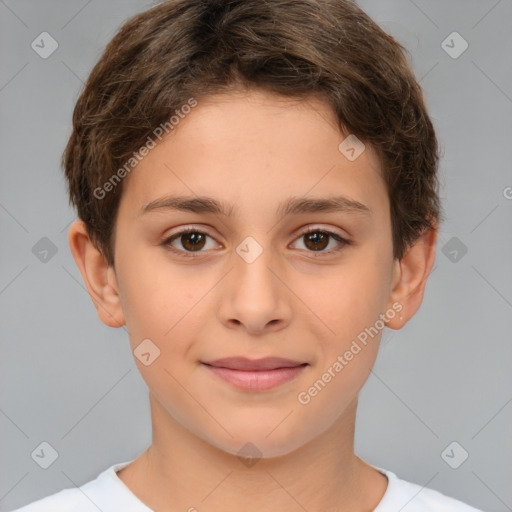 Joyful white child female with short  brown hair and brown eyes