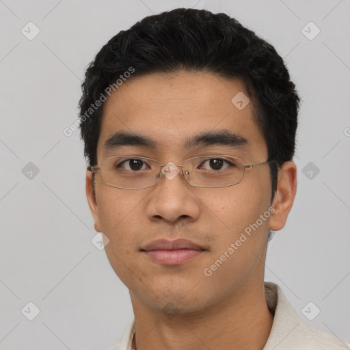 Neutral asian young-adult male with short  black hair and brown eyes