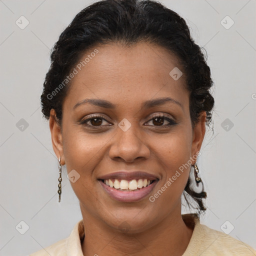 Joyful black young-adult female with short  brown hair and brown eyes
