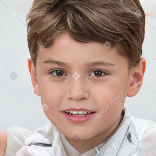 Joyful white child male with short  brown hair and brown eyes