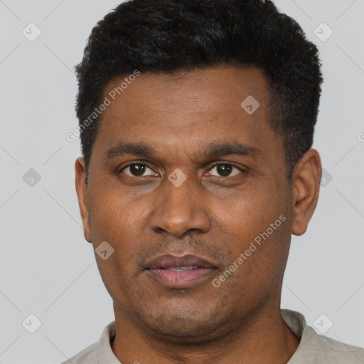 Neutral black adult male with short  black hair and brown eyes