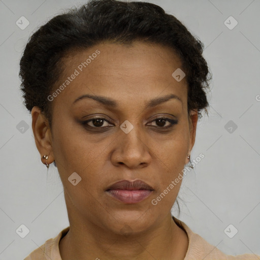 Neutral black adult female with short  brown hair and brown eyes