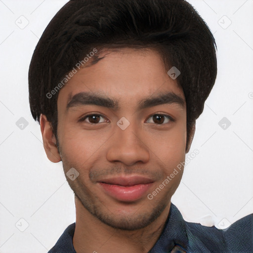 Joyful white young-adult male with short  black hair and brown eyes