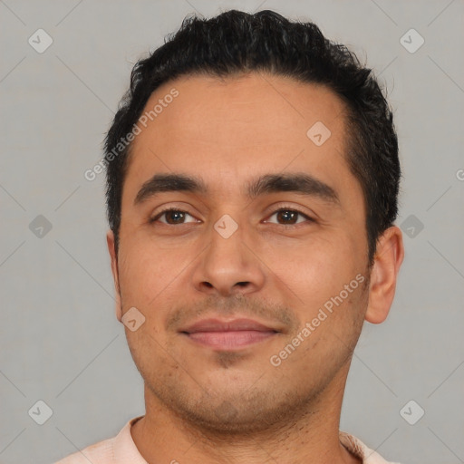 Neutral latino young-adult male with short  black hair and brown eyes