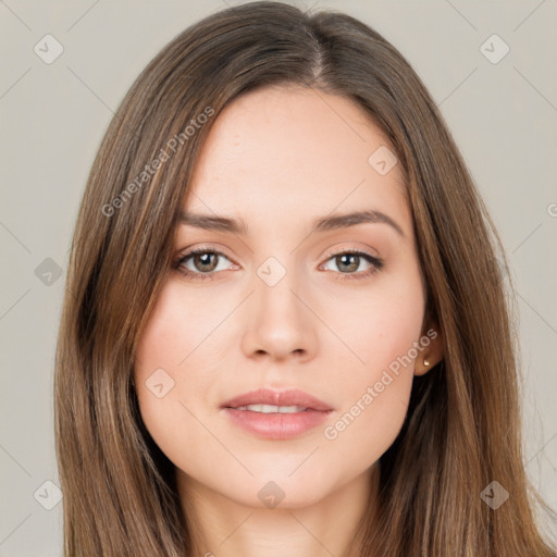 Neutral white young-adult female with long  brown hair and brown eyes