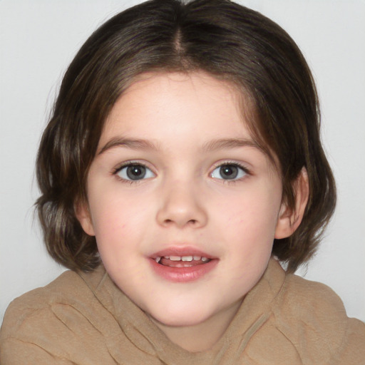 Joyful white child female with medium  brown hair and brown eyes