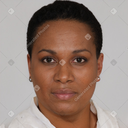 Neutral black young-adult female with short  black hair and brown eyes