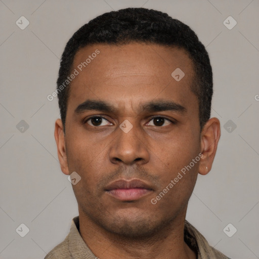 Neutral latino young-adult male with short  black hair and brown eyes