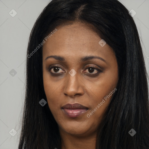 Joyful asian young-adult female with long  black hair and brown eyes