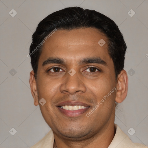 Joyful latino young-adult male with short  black hair and brown eyes