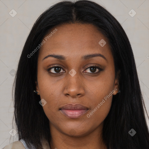 Joyful asian young-adult female with long  brown hair and brown eyes