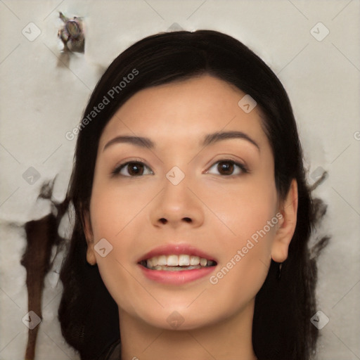 Joyful asian young-adult female with long  black hair and brown eyes