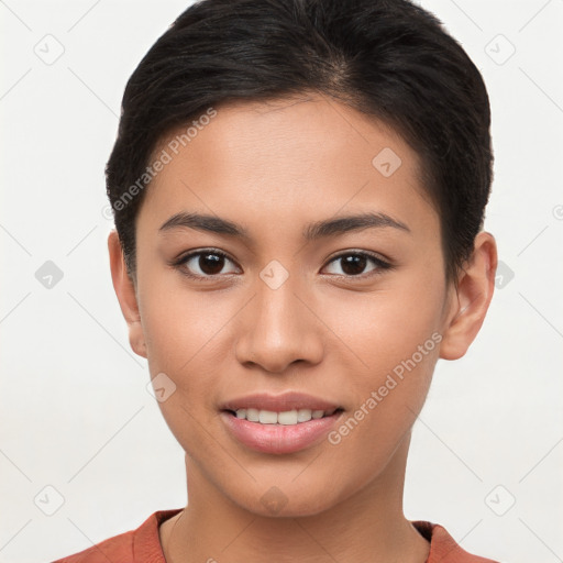 Joyful white young-adult female with short  brown hair and brown eyes