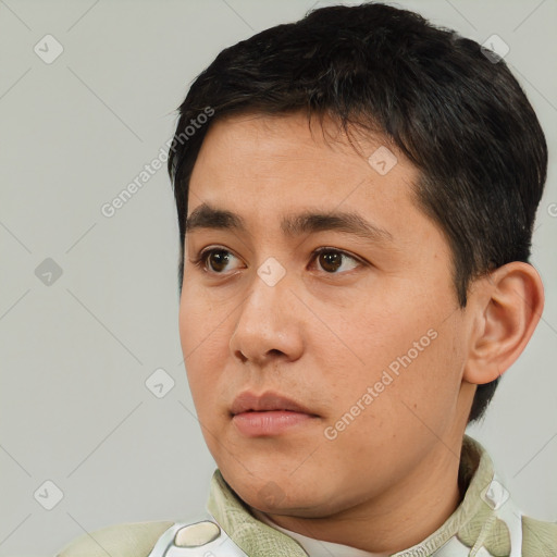 Neutral white young-adult male with short  black hair and brown eyes
