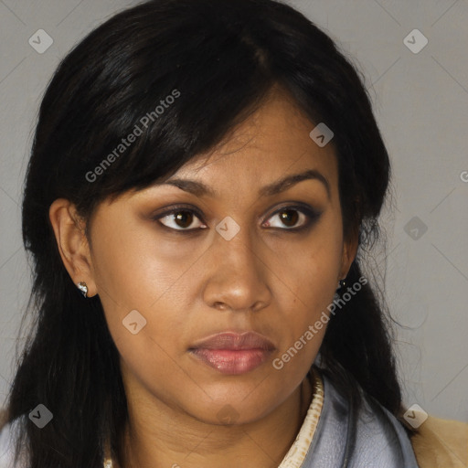 Joyful latino young-adult female with long  black hair and brown eyes