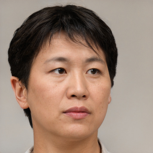 Neutral asian young-adult female with short  brown hair and brown eyes