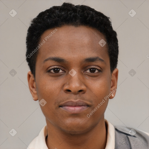 Neutral black young-adult male with short  black hair and brown eyes