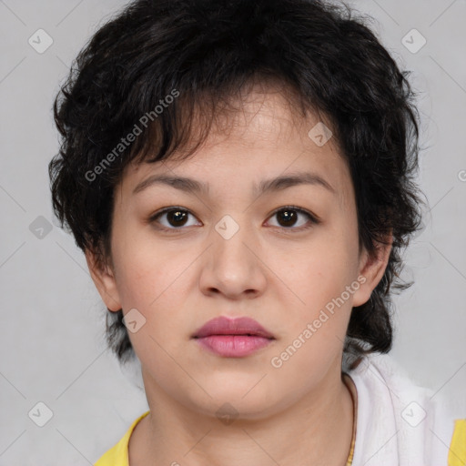 Neutral asian young-adult female with medium  brown hair and brown eyes