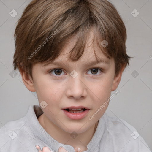 Joyful white child female with short  brown hair and brown eyes