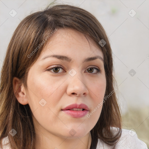 Neutral white young-adult female with medium  brown hair and brown eyes