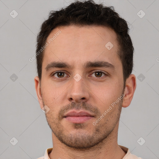 Neutral white young-adult male with short  brown hair and brown eyes