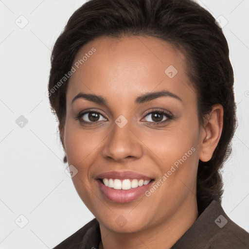 Joyful white young-adult female with long  brown hair and brown eyes