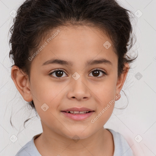 Joyful white child female with medium  brown hair and brown eyes