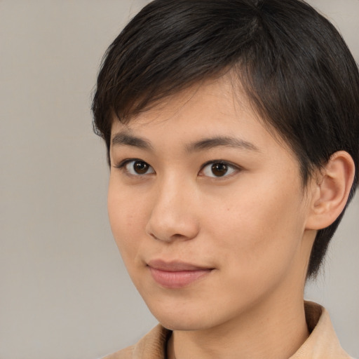 Neutral white young-adult female with short  brown hair and brown eyes