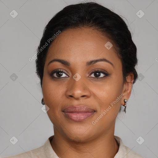 Joyful black young-adult female with medium  black hair and brown eyes