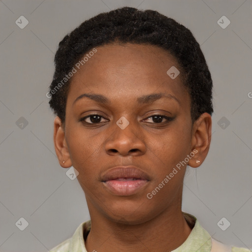 Neutral black young-adult female with short  black hair and brown eyes