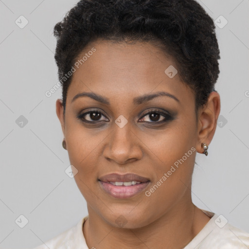 Joyful black young-adult female with short  brown hair and brown eyes