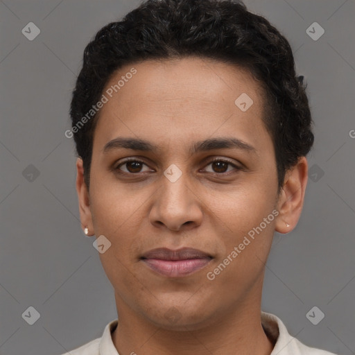 Joyful latino young-adult female with short  brown hair and brown eyes